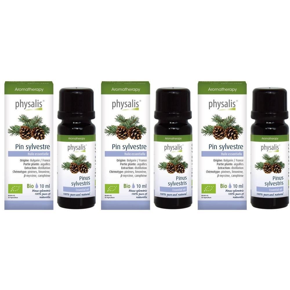 Cinq flacons d'huile essentielle Physalis Pinus sylvestris, certifiée bio.