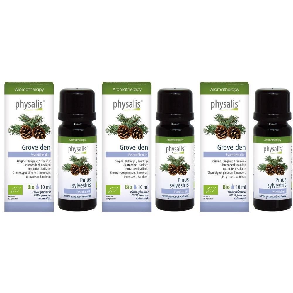 Vijf flesjes en doosjes met Physalis® Pinus sylvestris biologische etherische olie.