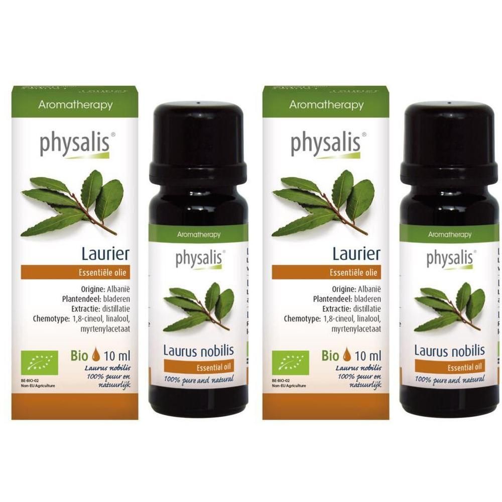 Twee flesjes Physalis biologische Laurier etherische olie, 10 ml.