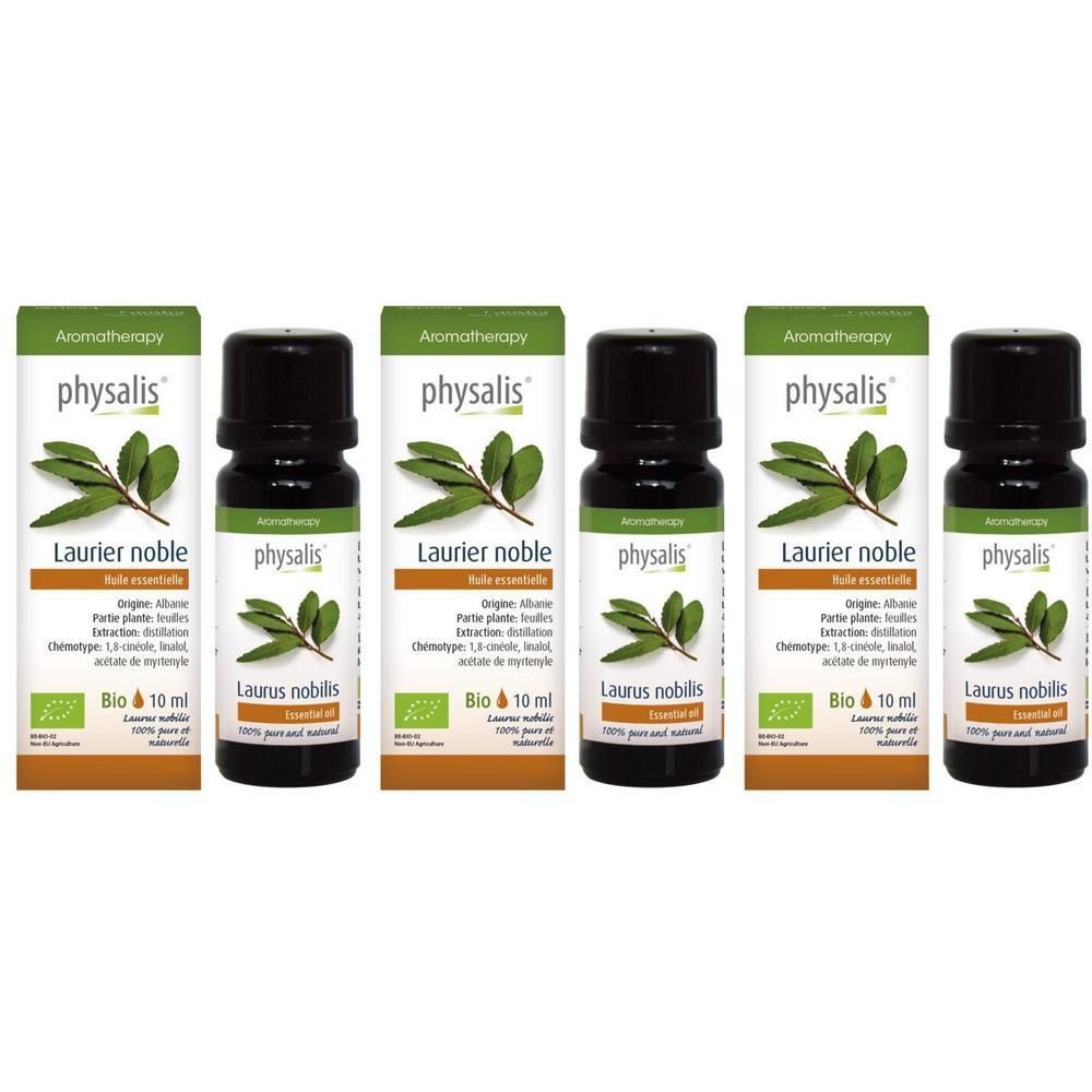 Cinq flacons d'huile essentielle de laurier bio Physalis, 10 ml chacun.