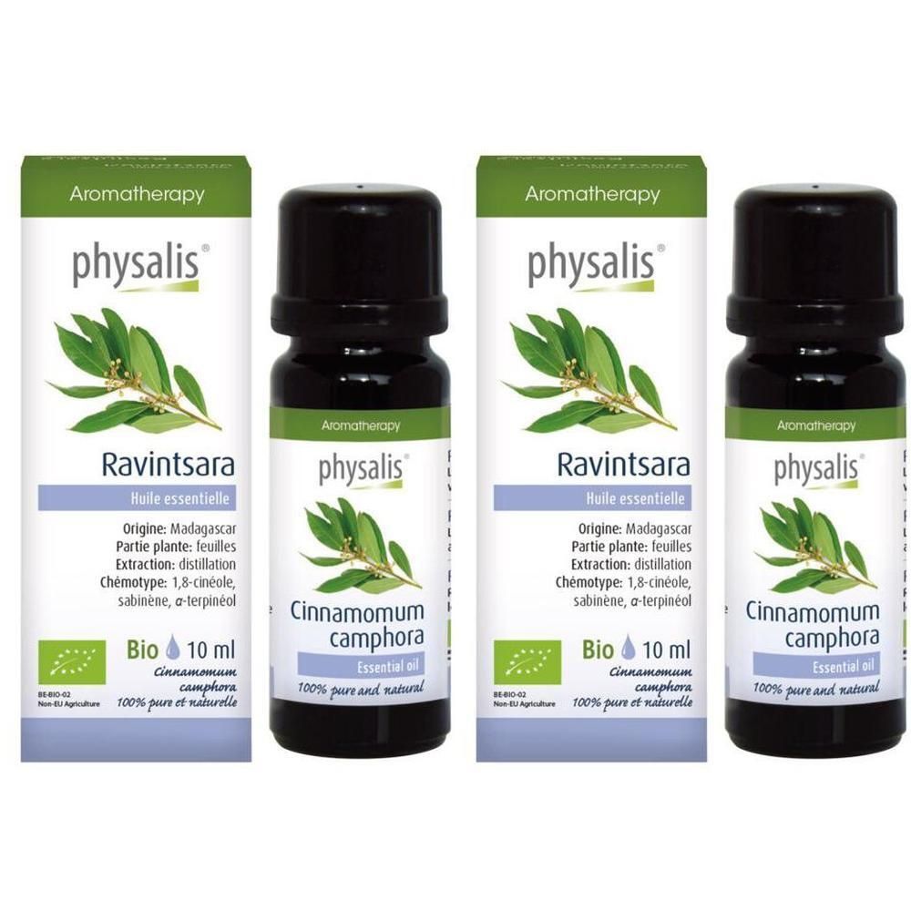 Deux flacons d'huile essentielle Physalis Ravintsara Bio, 10ml. Étiquettes vertes et blanches avec illustration végétale et label Bio.