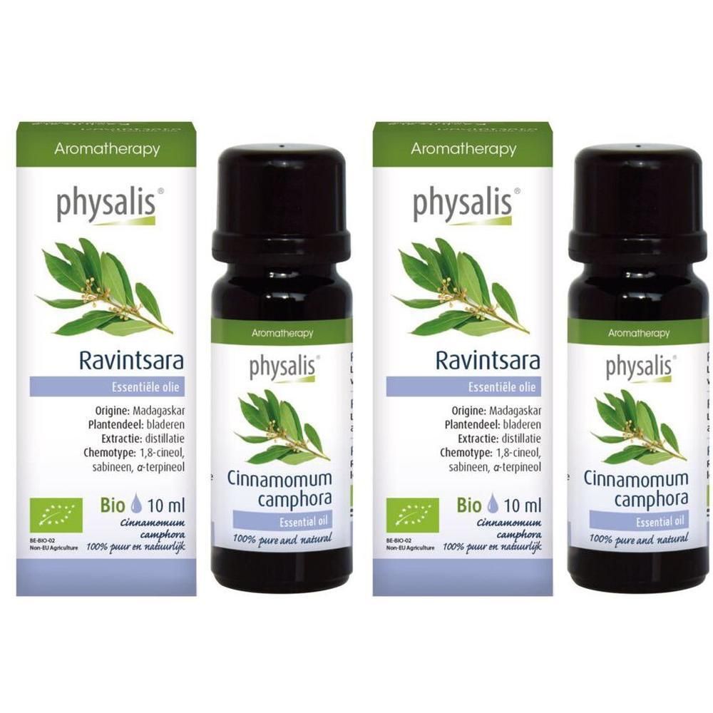Twee flesjes Physalis Cinnamomum camphora etherische olie, 10ml. Groene en witte etiketten met plantafbeelding en Bio-keurmerk.