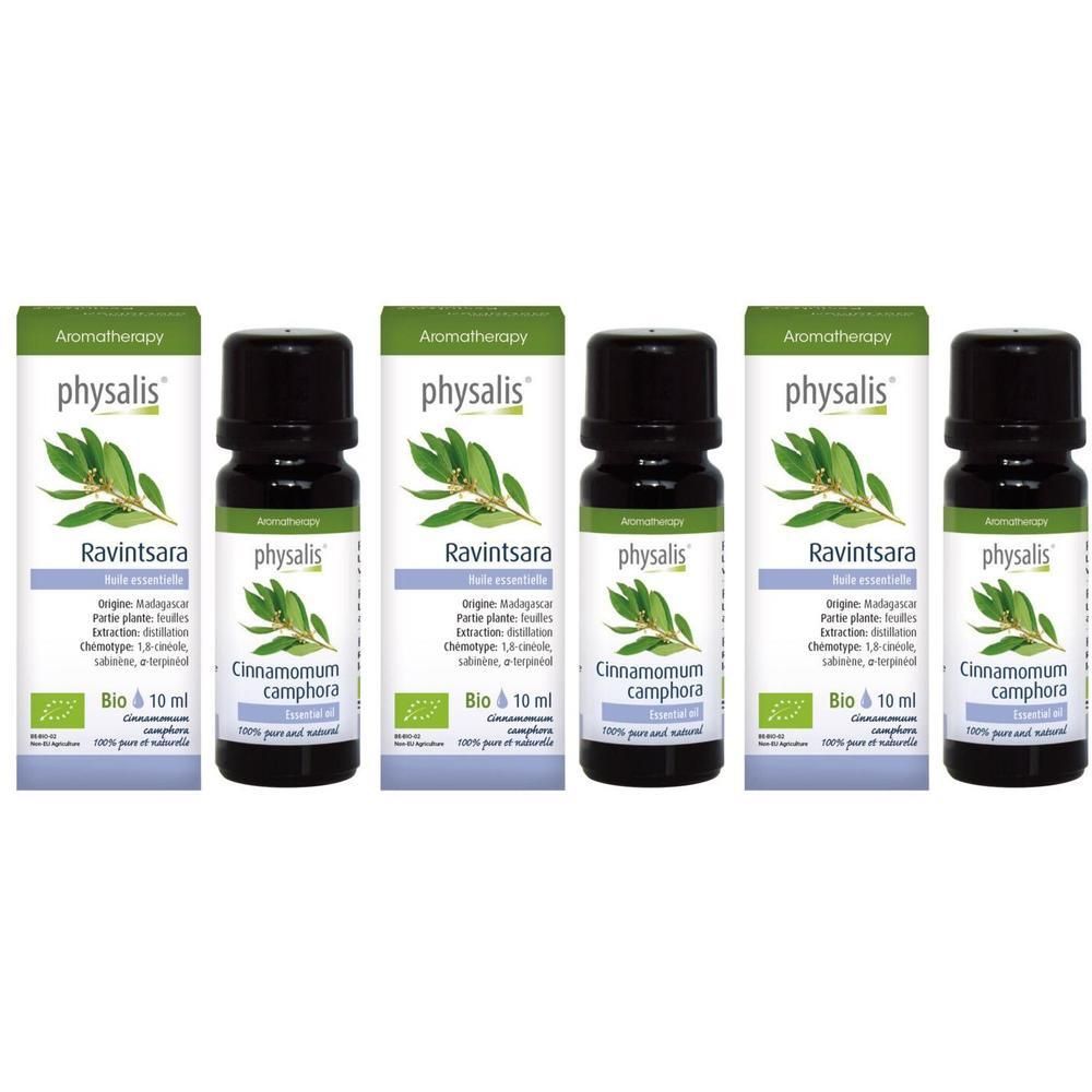 Cinq flacons d'huile essentielle Physalis Ravintsara Bio, 10 ml.