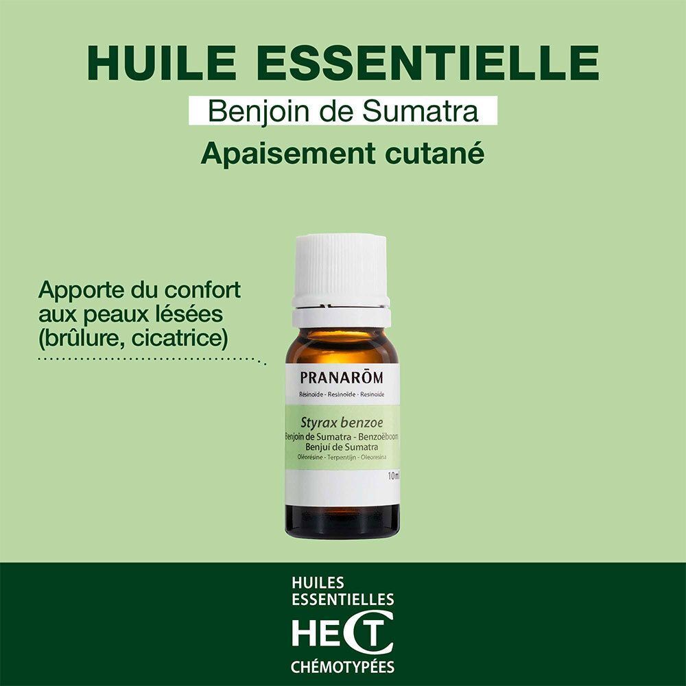 Flacon d'huile essentielle de Benjoin de Sumatra Pranarôm, étiquette 'Styrax benzoe'.