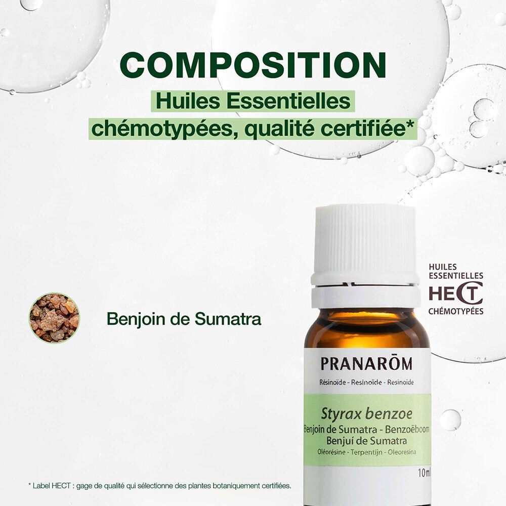 Composition : Huile essentielle de Benjoin de Sumatra, qualité HECT.