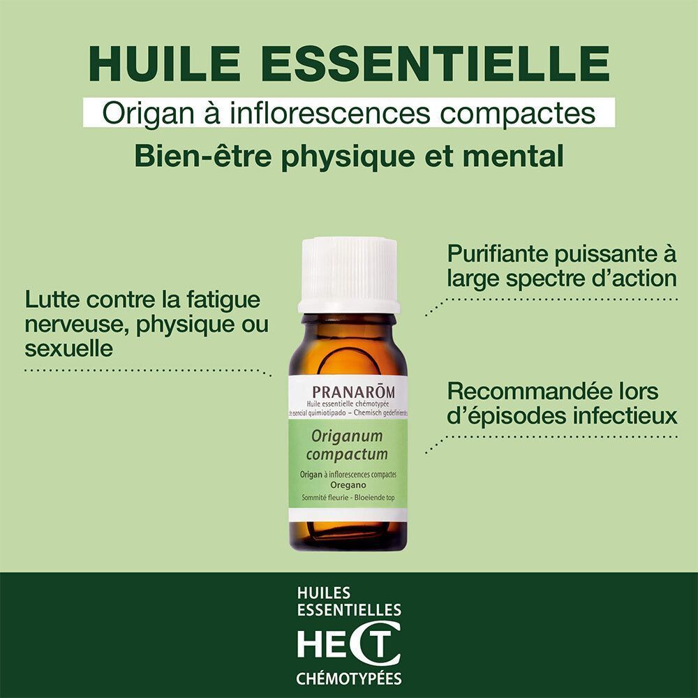 Flacon d'huile essentielle d'Origan compactum Pranarôm avec texte.