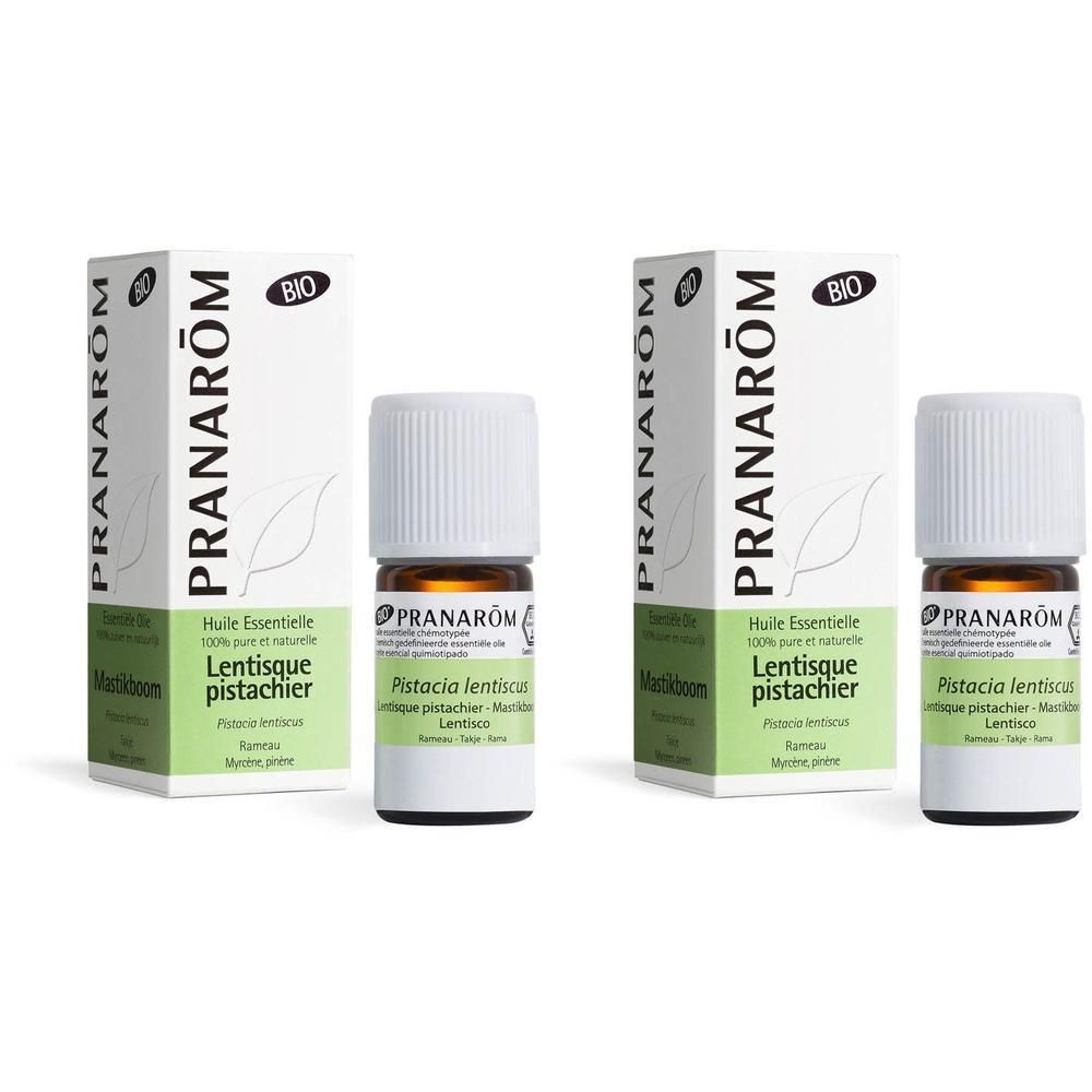 Deux boîtes et flacons d'huile essentielle bio Lentisque Pistachier Pranarôm.