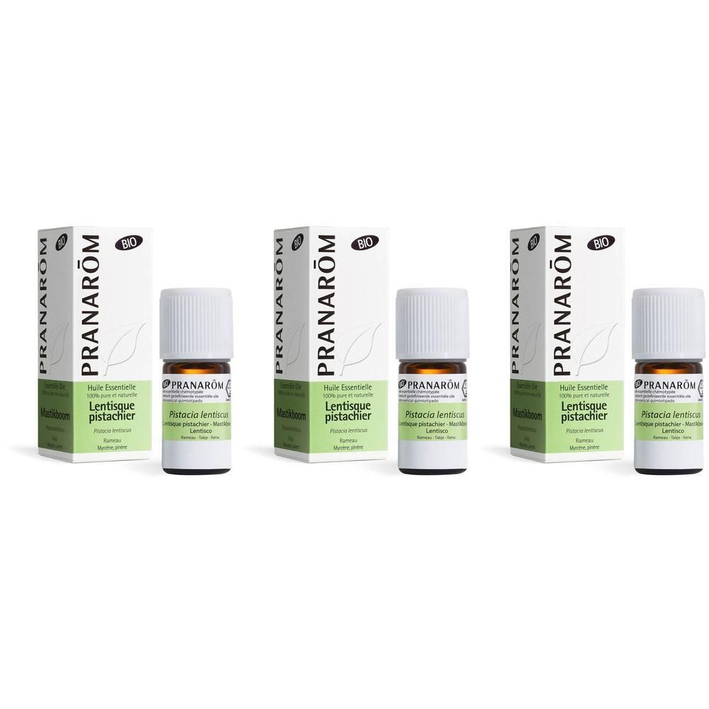 Trois flacons d'huile essentielle bio de Lentisque Pistachier Pranarôm avec leurs boîtes.
