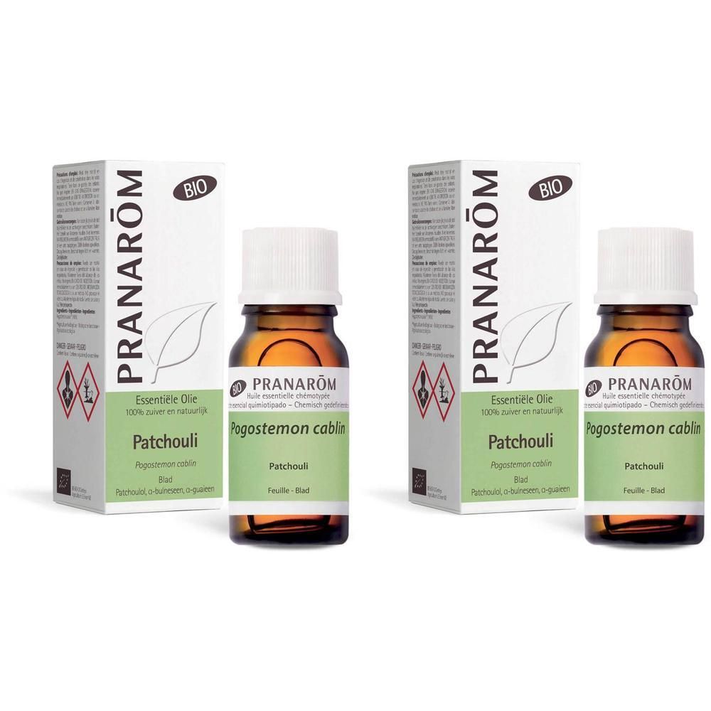 Deux flacons d'huile essentielle de Patchouli Bio Pranarôm avec leurs boîtes.