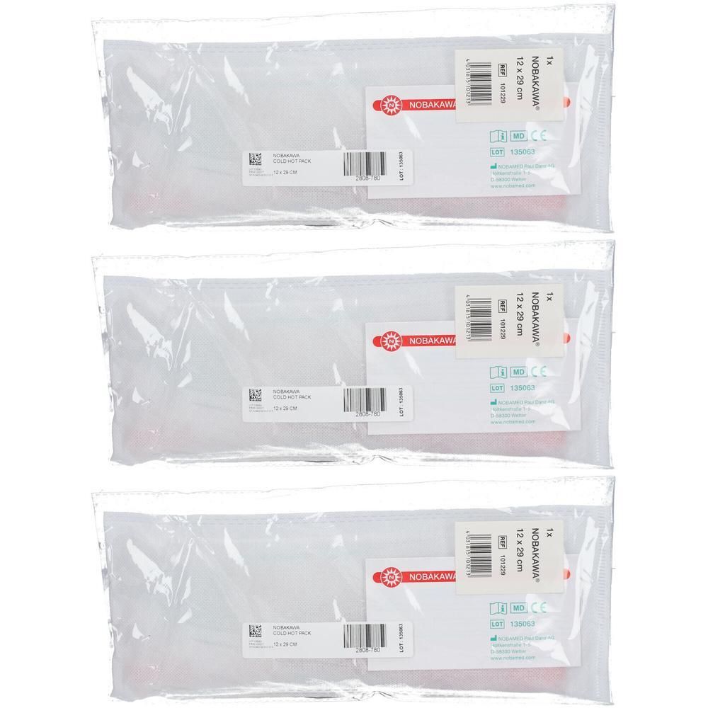 Drie individueel verpakte Noba Nobakawa Hot Coldpacks, 12x29cm.