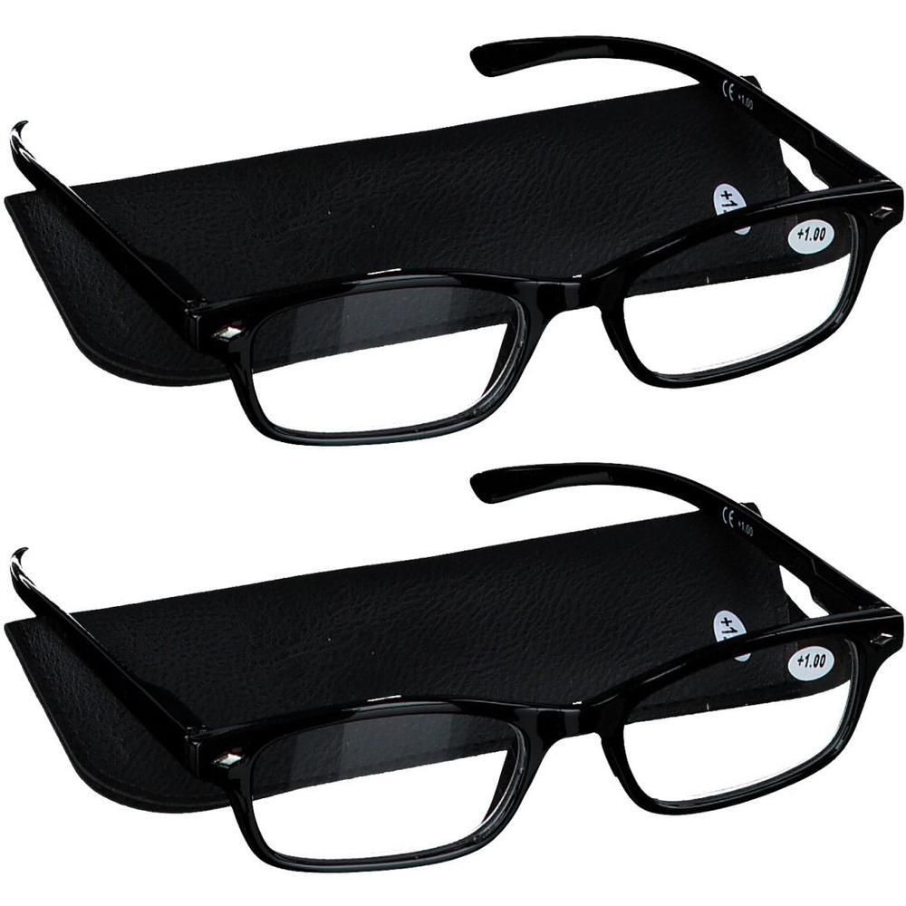 Deux paires de lunettes de lecture noires avec étui, puissance +1.00.