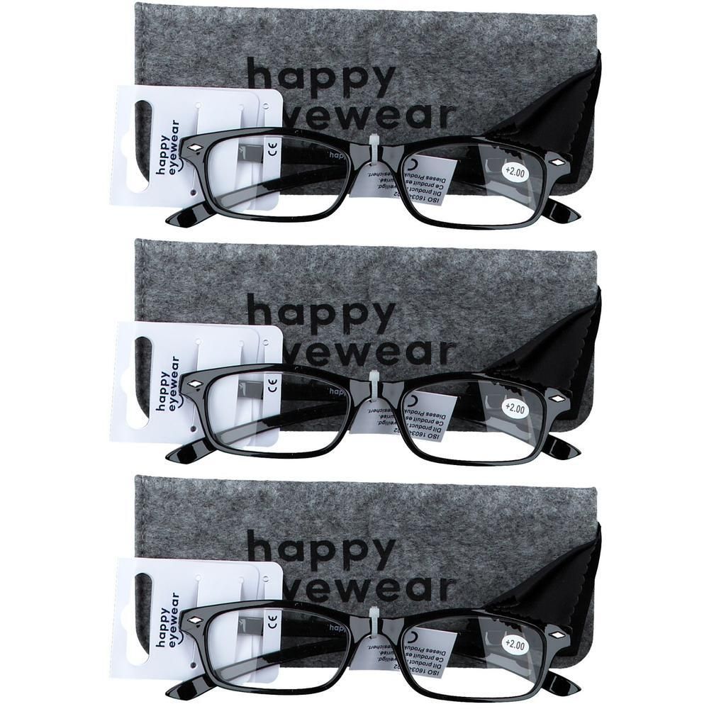 Trois paires de lunettes de lecture noires +2.00, chacune avec étui et emballage.