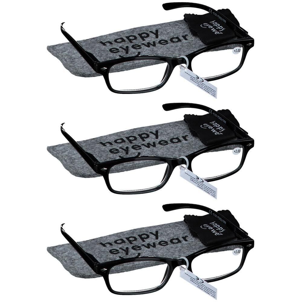 Trois paires de lunettes de lecture noires avec étuis. Chaque paire a une puissance de +3.00.