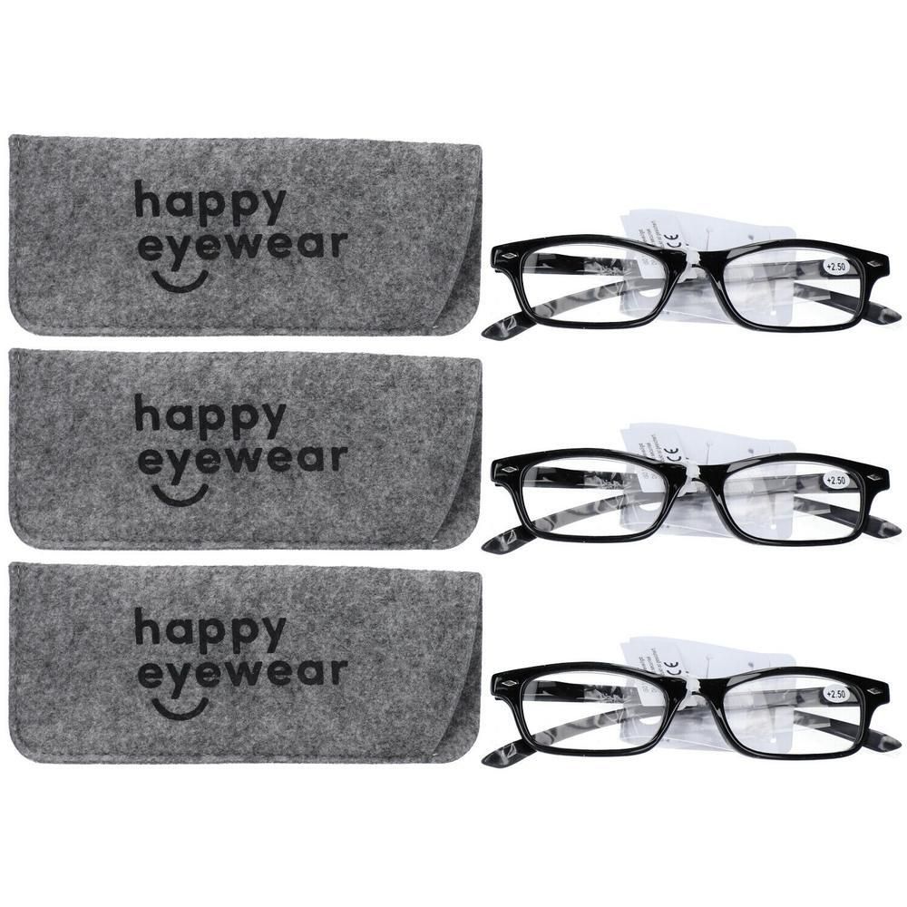 Drie brillen met zwarte montuur en drie vilten brillenkokers met "happy eyewear" opdruk.