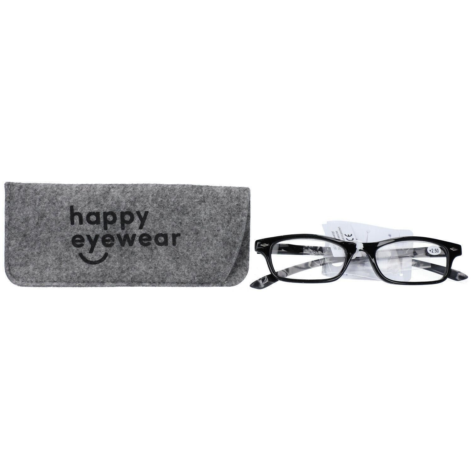 Zwarte leesbril met etui. Op het etui staat "happy eyewear".