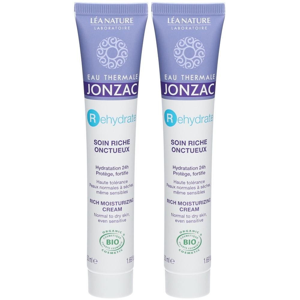 Twee tubes Jonzac Rehydrate Rich Moisturizing Cream met BIO cosmetica keurmerk.