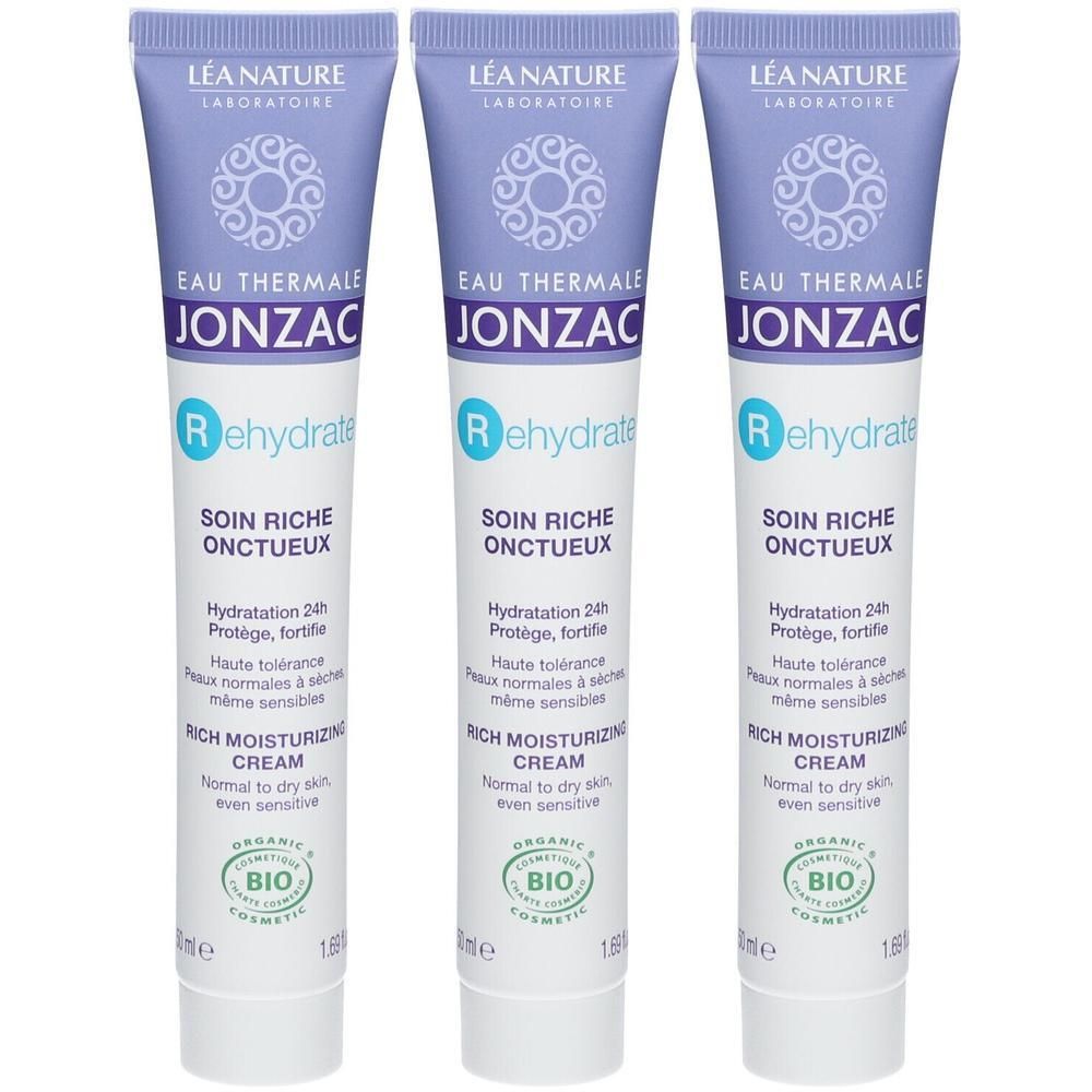 Trois tubes de crème riche onctueuse bio Jonzac Rehydrate.