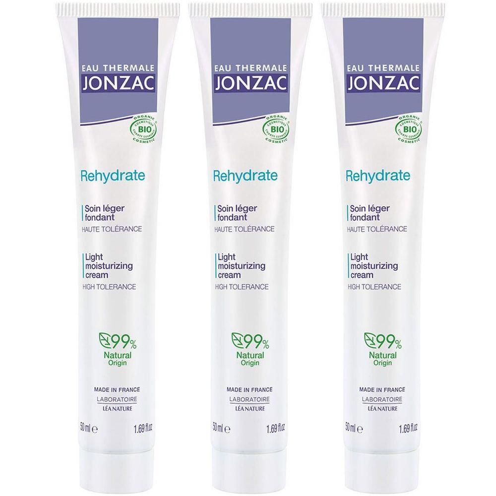 Drie tubes JONZAC Rehydrate lichte vochtinbrengende crème, 99% natuurlijke oorsprong.