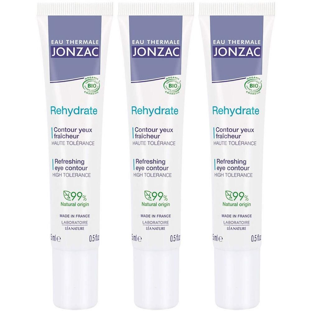Trois tubes de soin contour des yeux JONZAC Rehydrate. 5ml. 99% d'origine naturelle.