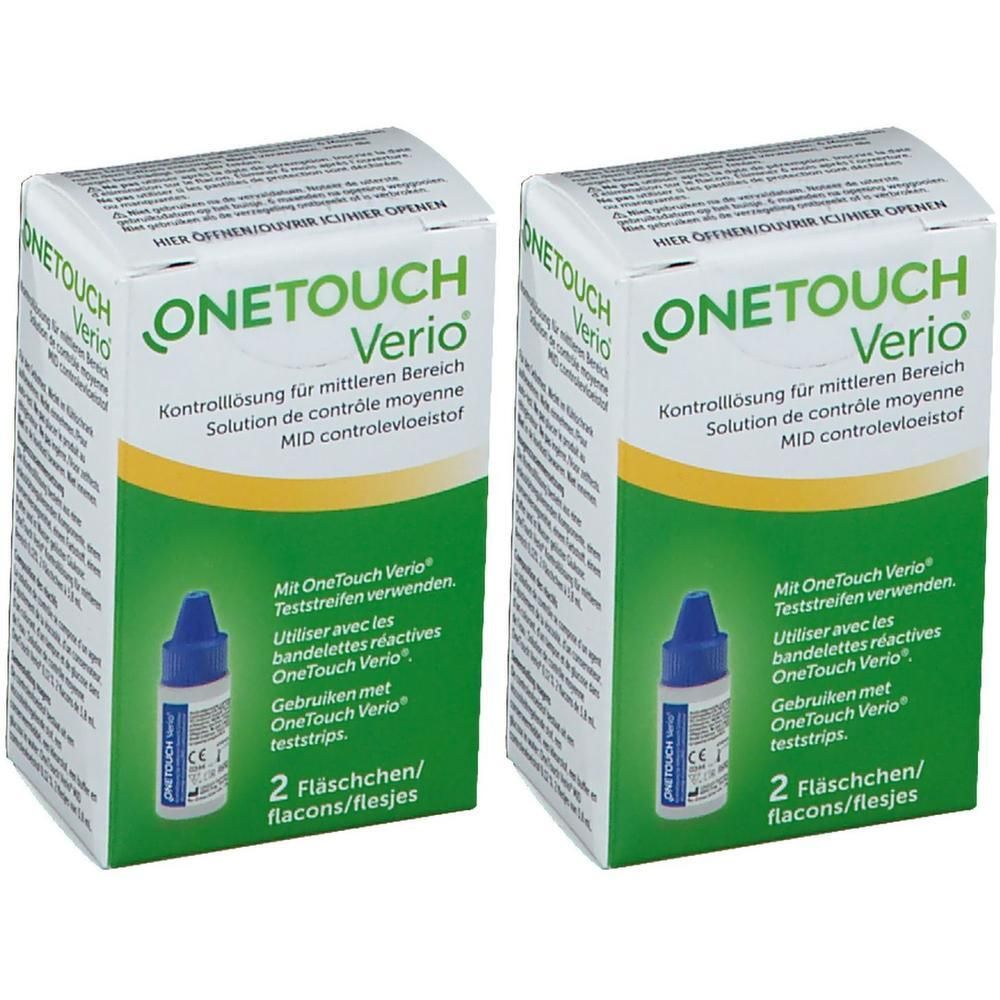 Twee pakken OneTouch Verio controlevloeistof voor bloedglucosemeters. Elk pak bevat 2 flesjes.
