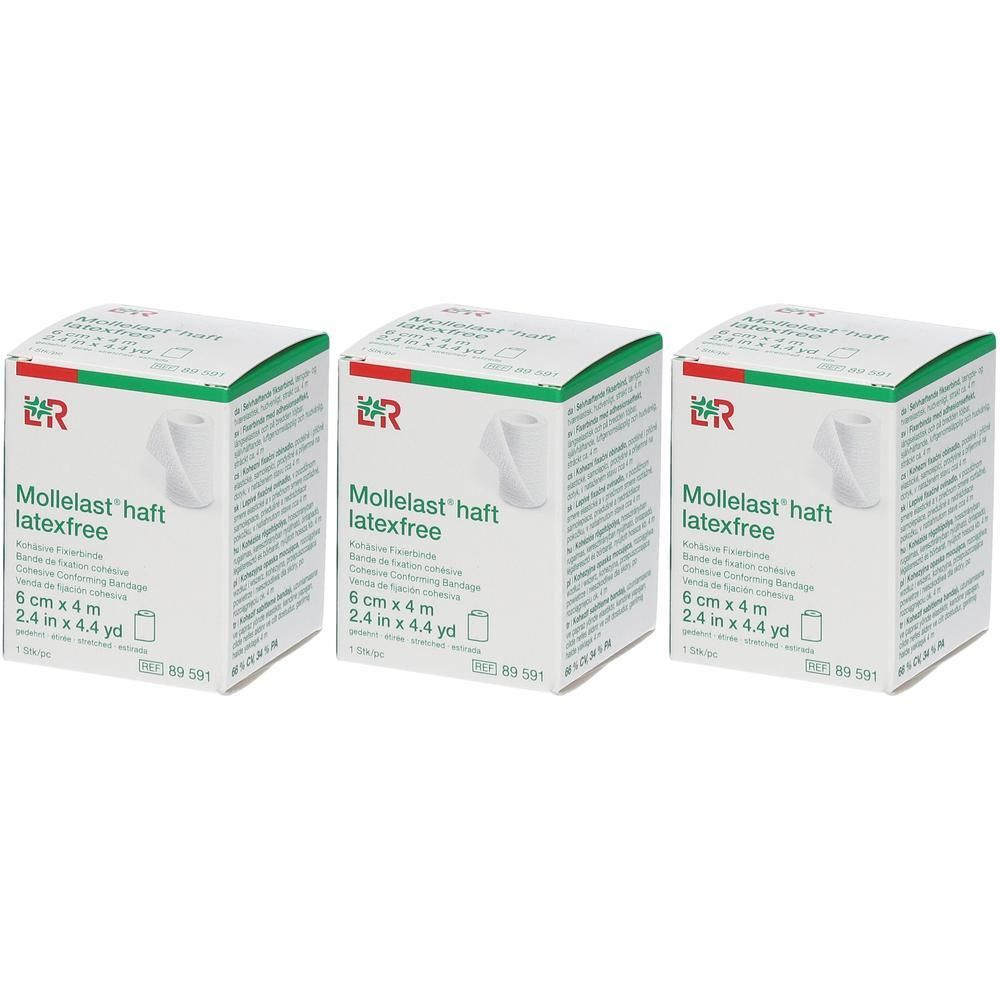 Drie pakken Mollelast haft latexfree verband, 6 cm x 4 m.
