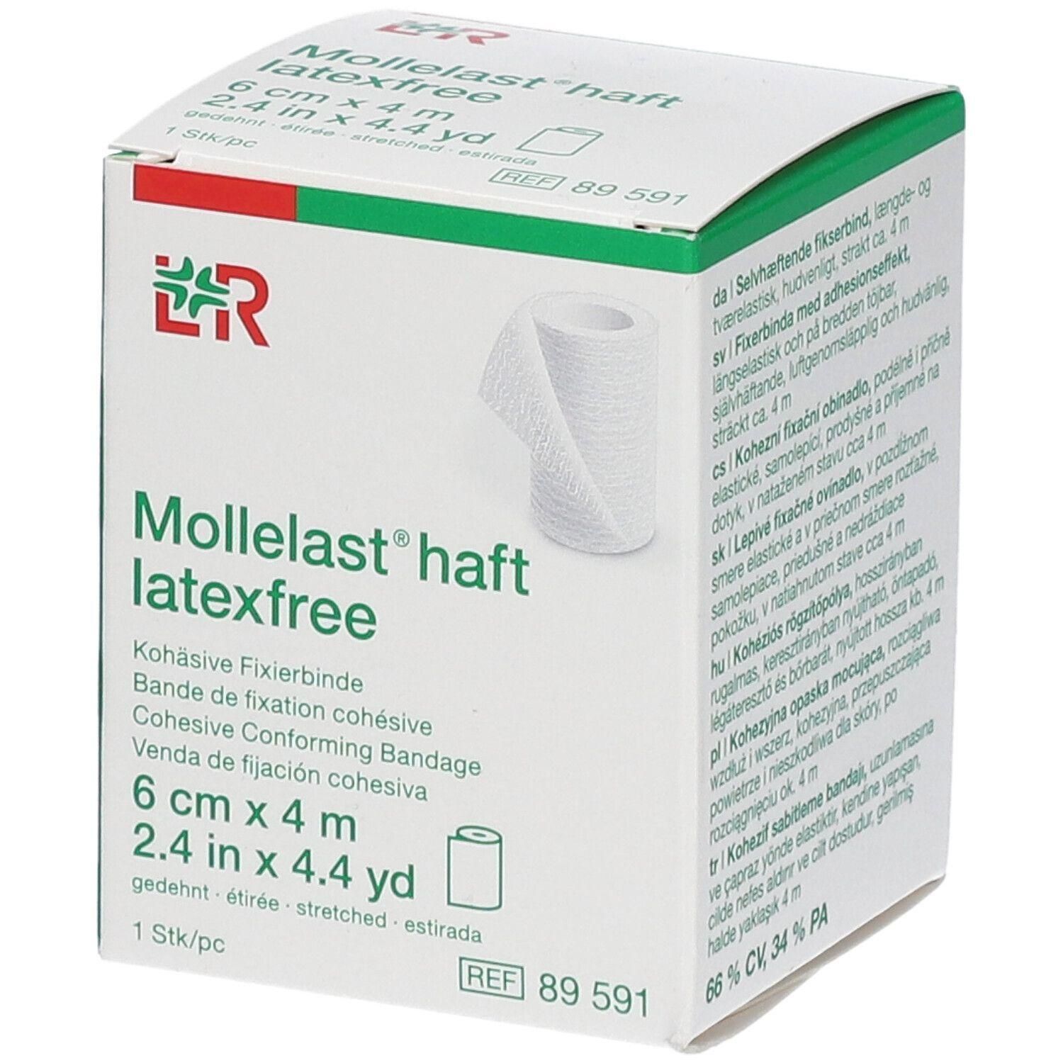 Pansement Mollelast haft sans latex, 6cm x 4m, adhésif et extensible.