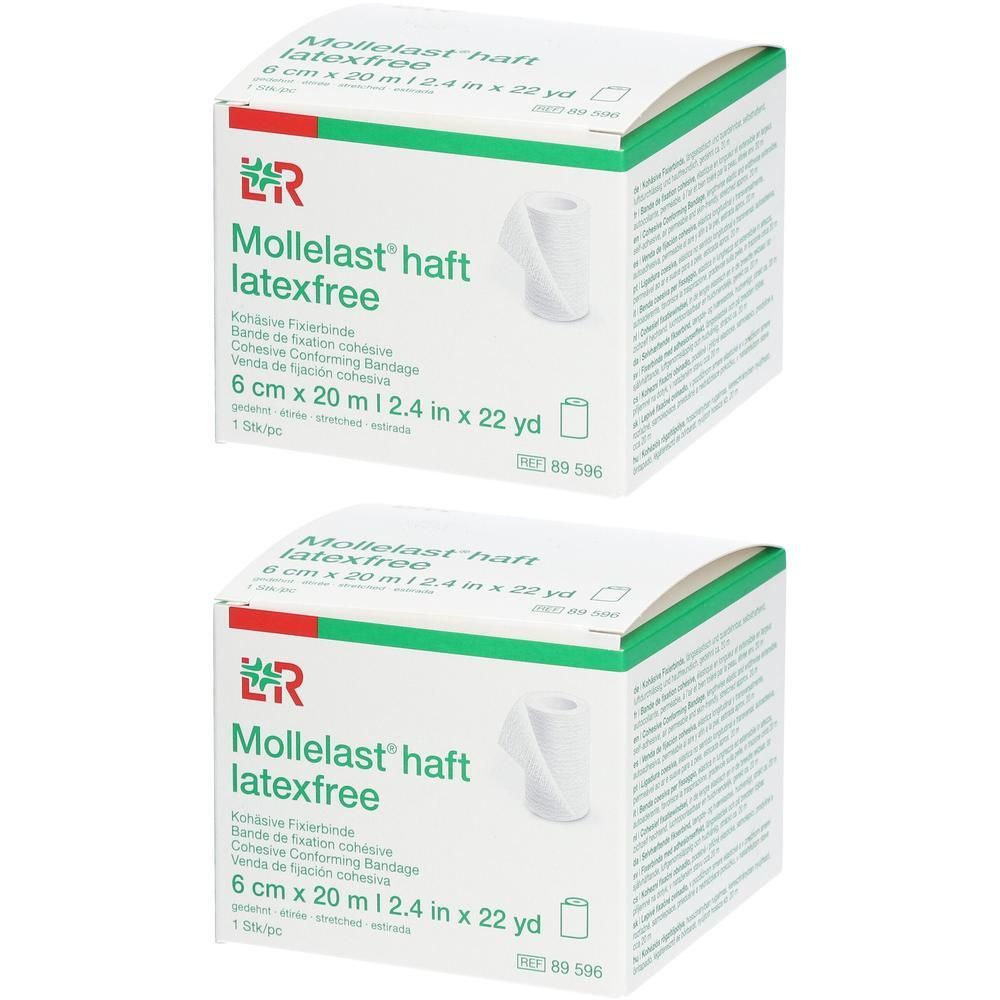 Twee verpakkingen Mollelast haft latexfree, kleefpleister, 6 cm x 20 m.
