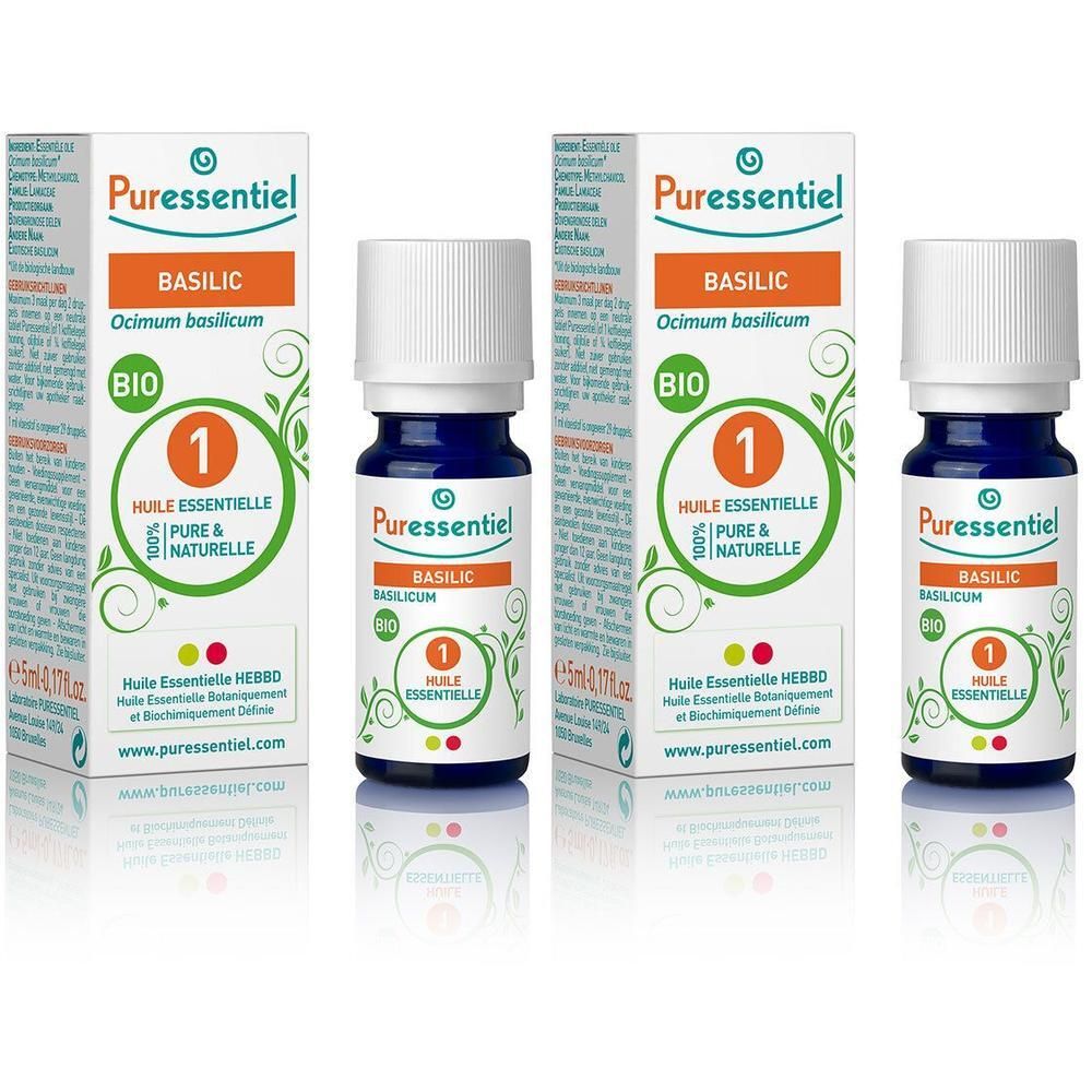 Biologische Basilicum etherische olie Puressentiel, flesje en doosje 5ml.