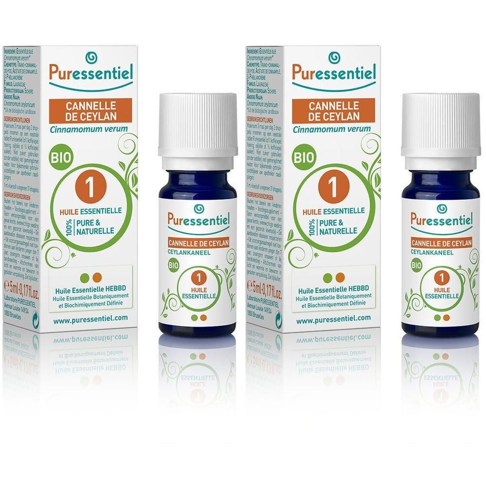 Huile essentielle bio Puressentiel Cannelle de Ceylan, flacon et boîte 5ml.
