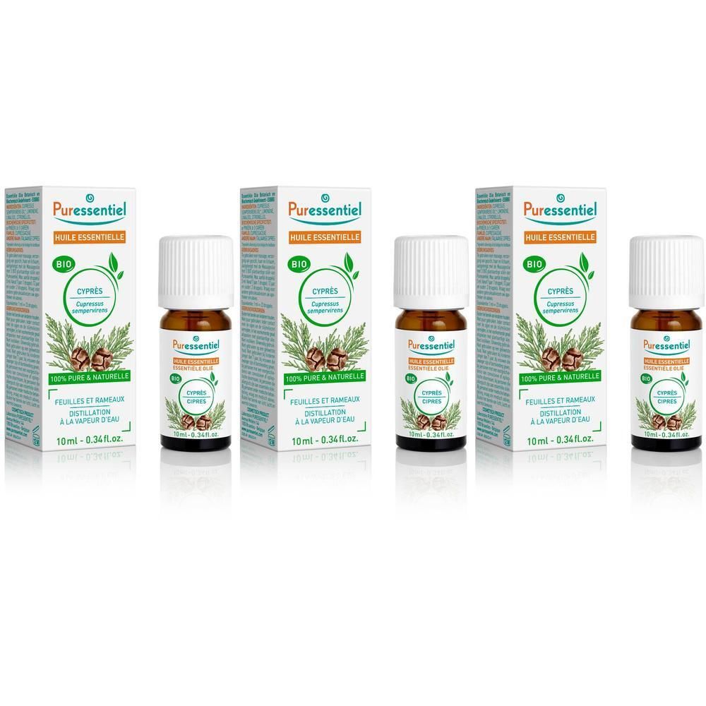 Puressentiel Bio Cipresolie, 10ml flesje met doosje. Toont takken en dennenappels.