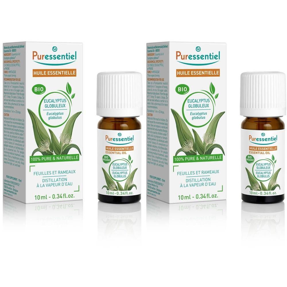 Puressentiel Bio Eucalyptus Globulus etherische olie, 10ml flesje en doosje.