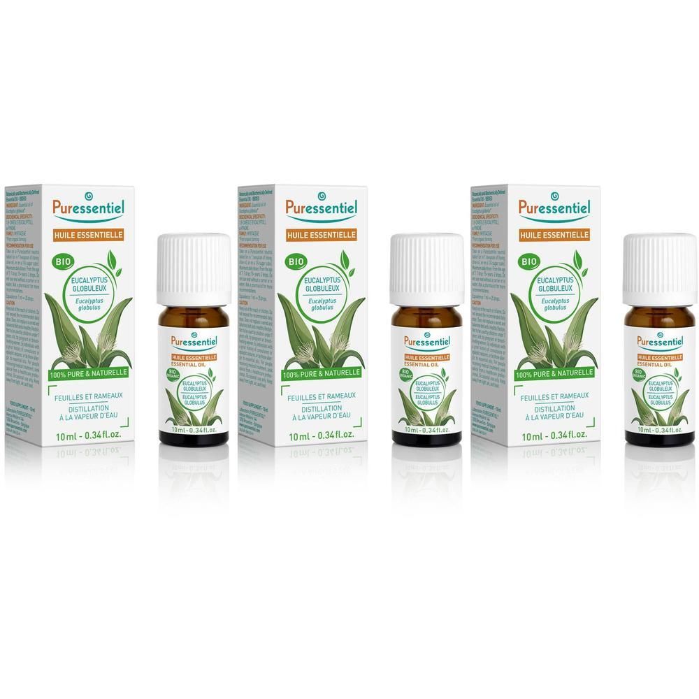 Puressentiel Bio Eucalyptus Globulus etherische olie flesje en doosje.