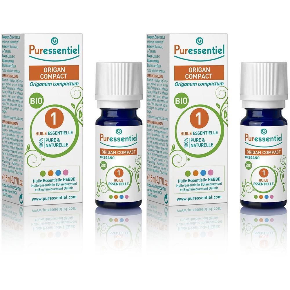 Puressentiel Origan Compact Bio etherische olie in donkerblauwe glazen fles met witte dop.