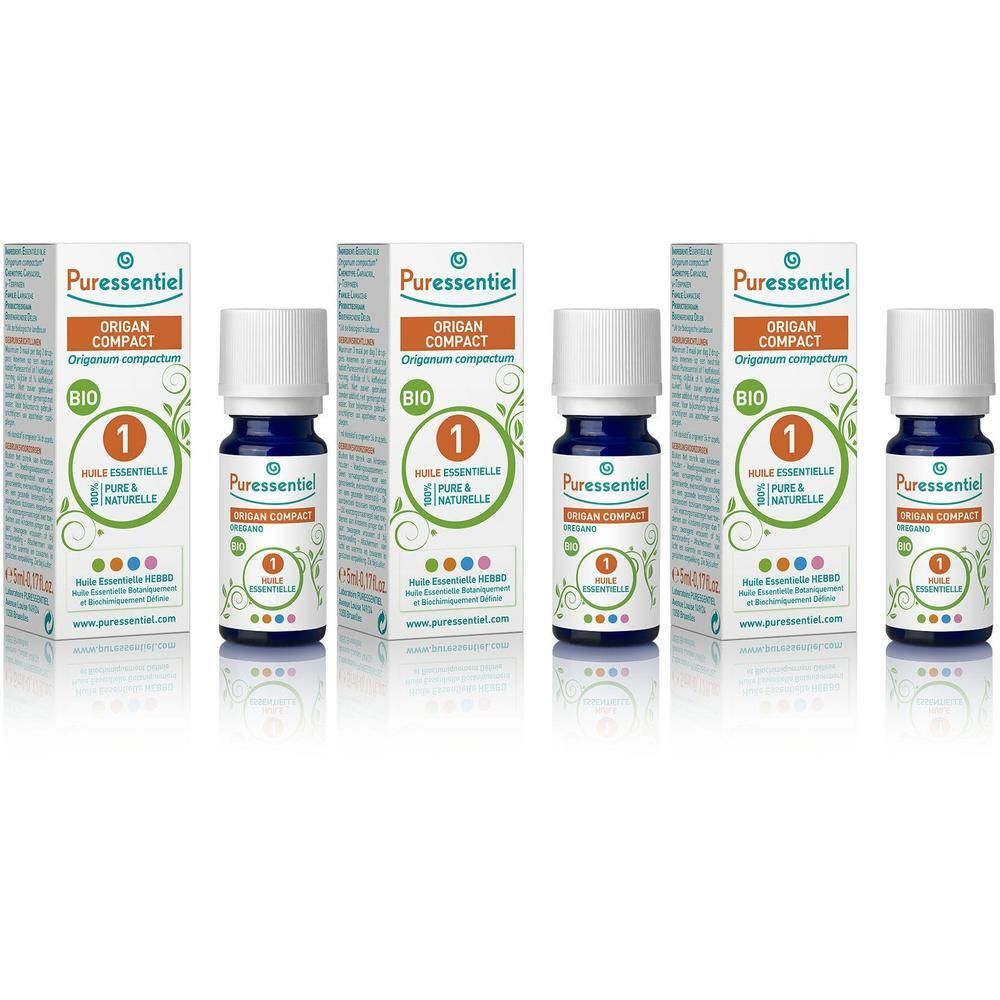 Vier flesjes biologische oregano etherische olie van Puressentiel met verpakking.