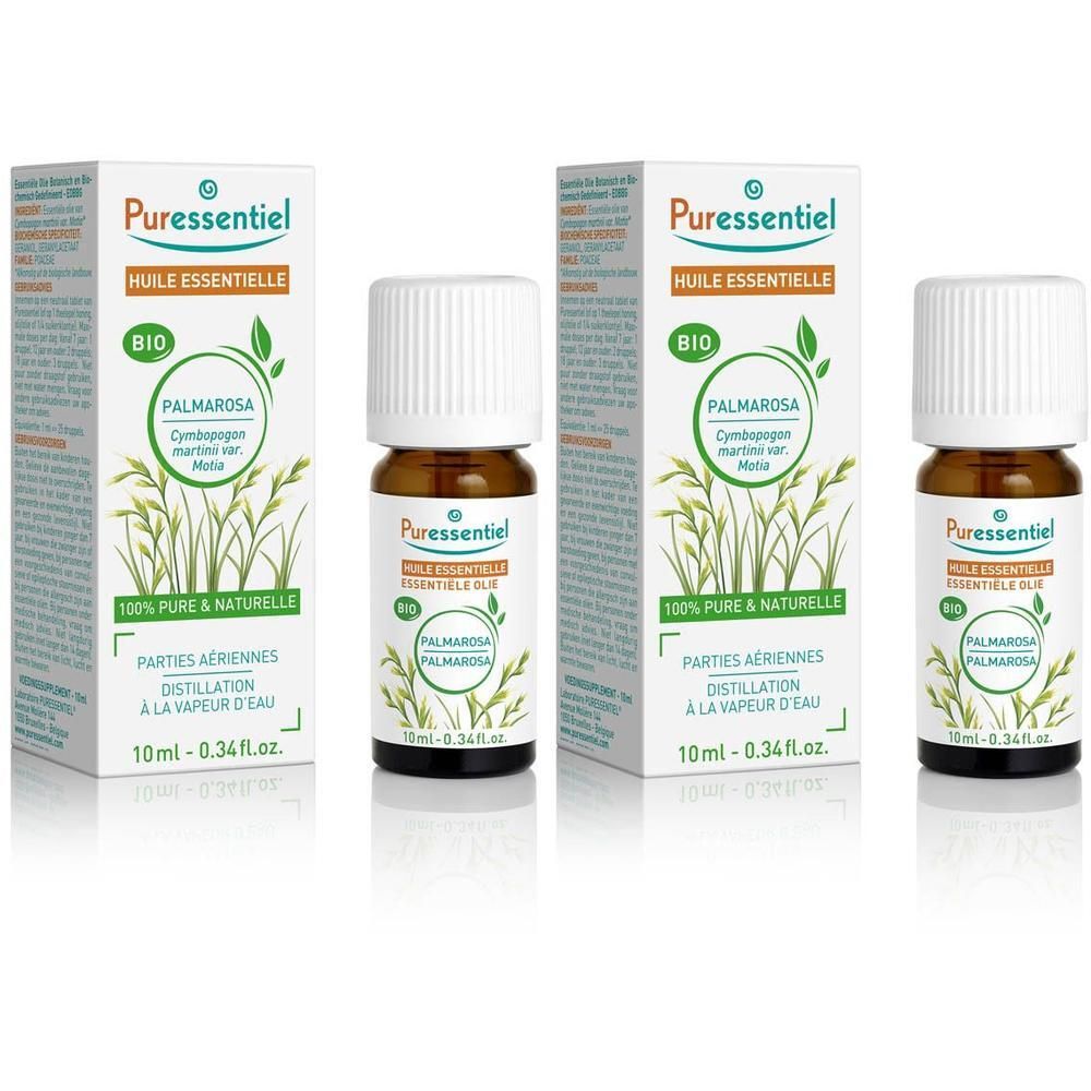 Huile essentielle Bio Palmarosa Puressentiel, flacon et boîte de 10ml.