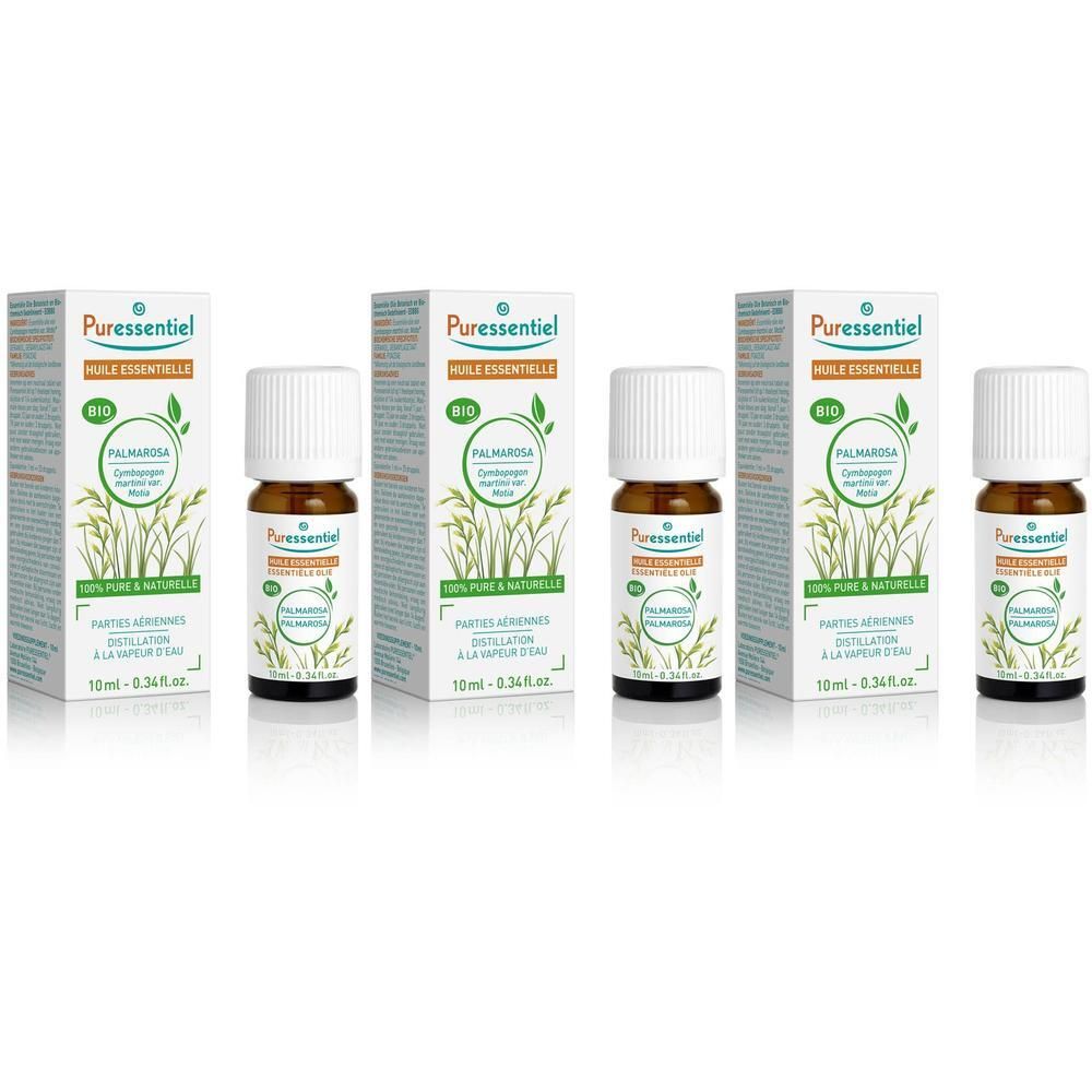 Puressentiel Palmarosa biologische etherische olie in bruine glazen fles met witte dop.