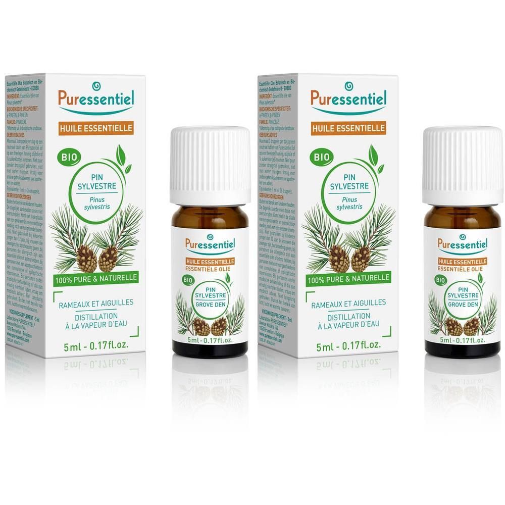 Huile essentielle bio Puressentiel Pin Sylvestre, 5ml. Flacon en verre brun avec bouchon blanc et boîte.