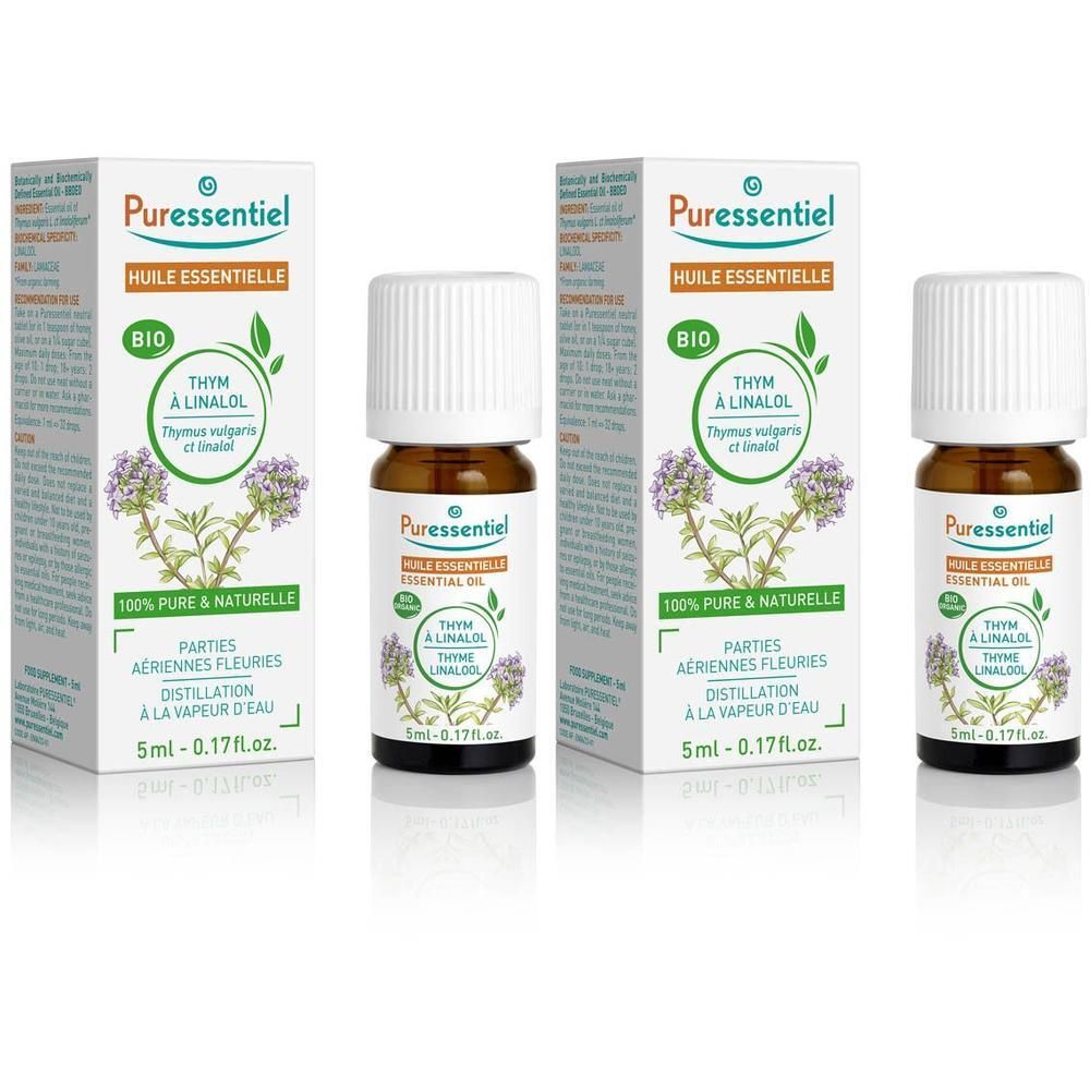 Huile essentielle Bio Thym à Linalol Puressentiel en flacon brun avec boîte.