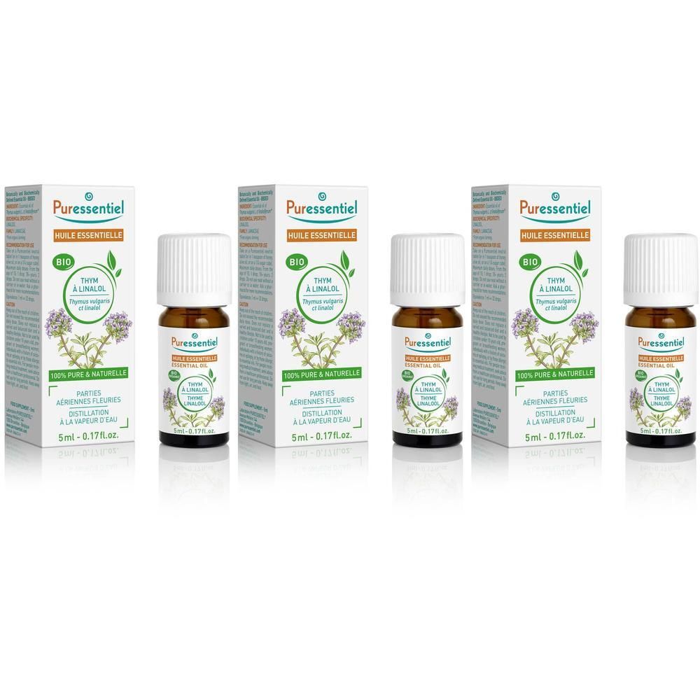Puressentiel Thym à Linalol biologische etherische olie in bruine glazen fles met witte dop en doosje.