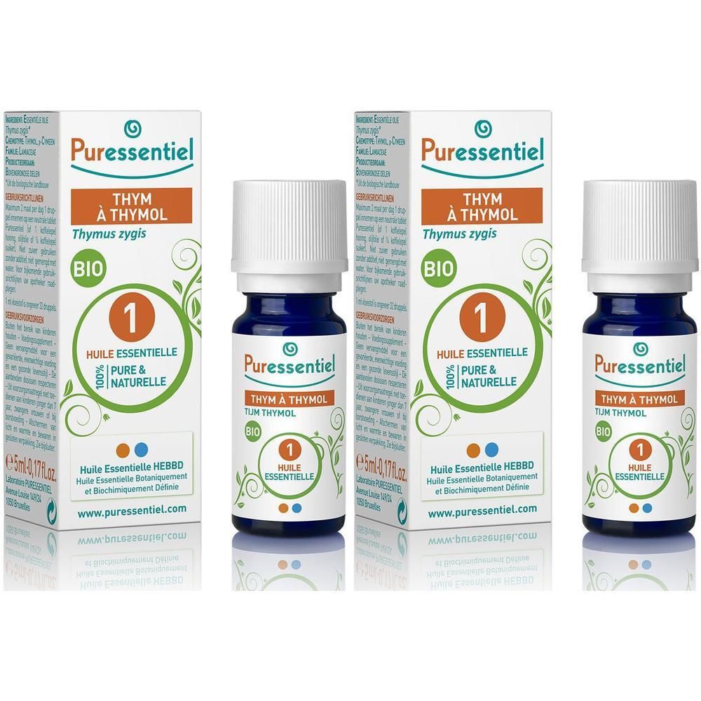 Huile essentielle Puressentiel Thym A Thymol Bio en flacon de verre foncé avec bouchon blanc et boîte.
