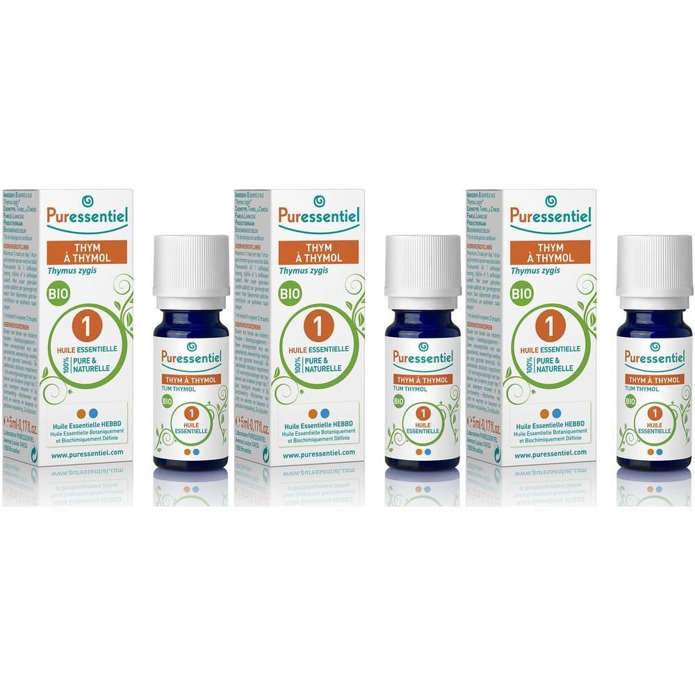 Vier flesjes Puressentiel tijm essentiële olie met thymol, biologisch gecertificeerd.