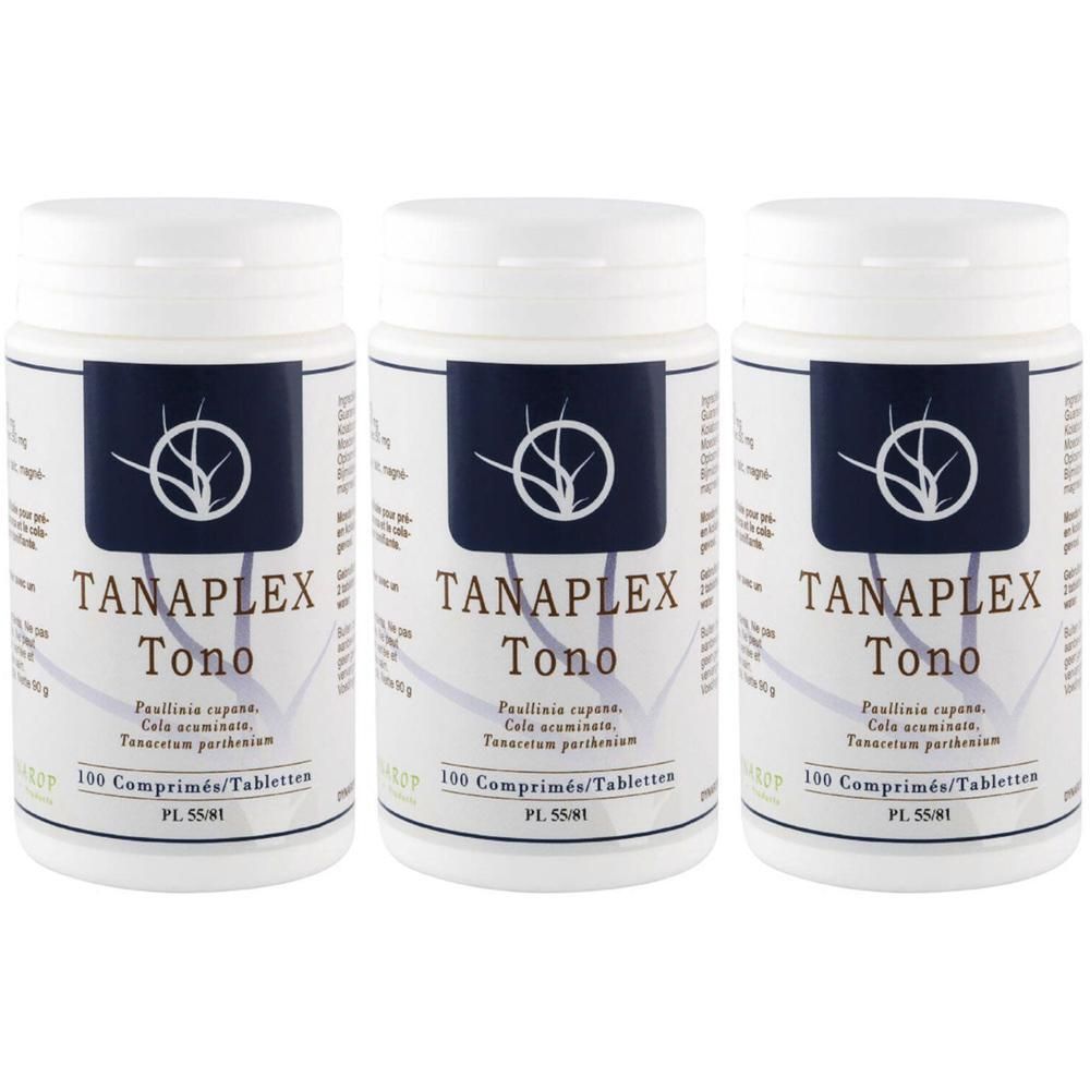Drie potjes Dynarop Tanaplex Tono, elk 100 tabletten.