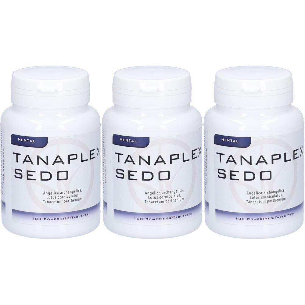 Drie witte flacons Tanaplex Sedo, elk 100 tabletten.