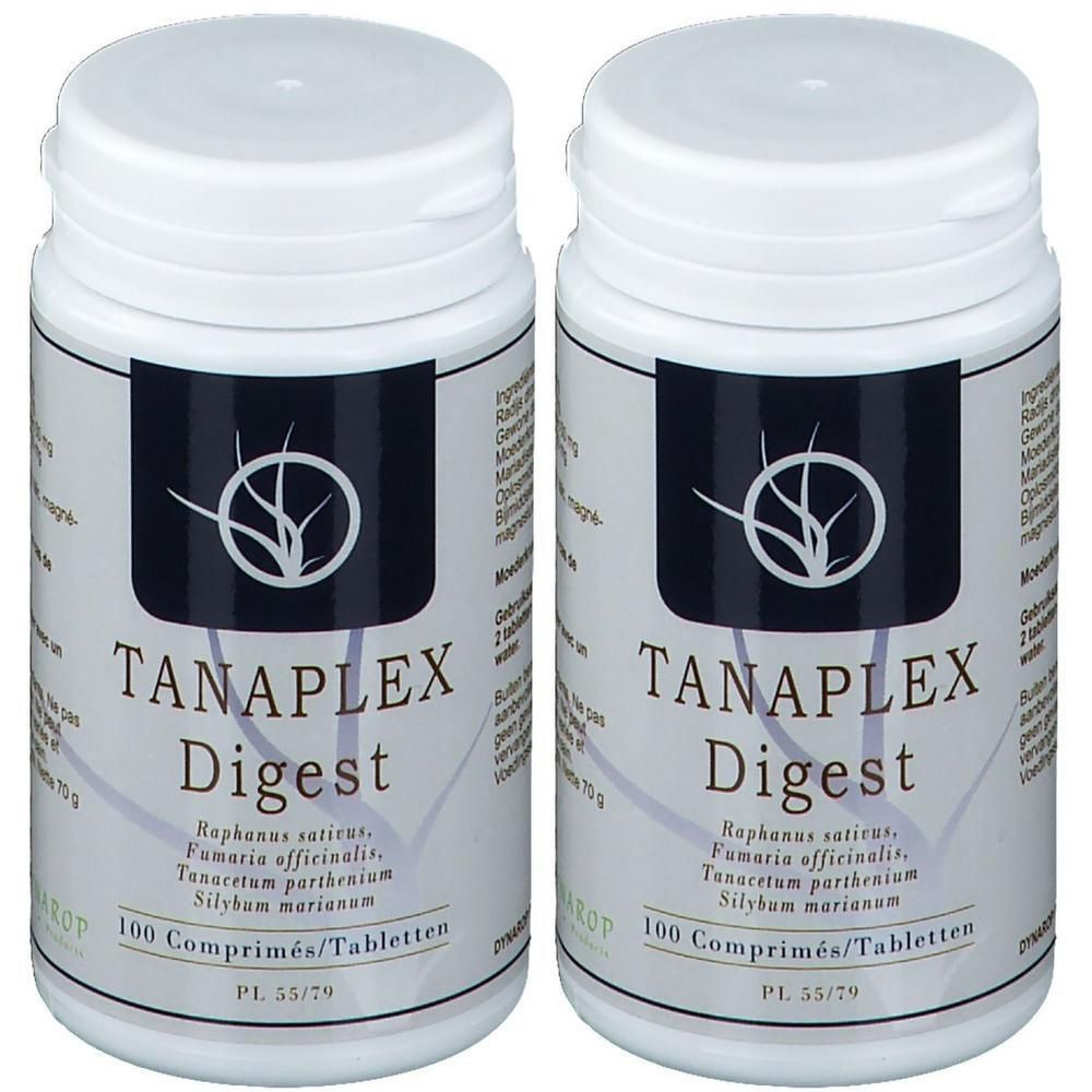 Deux flacons de comprimés TANAPLEX Digest. Chaque flacon contient 100 comprimés.