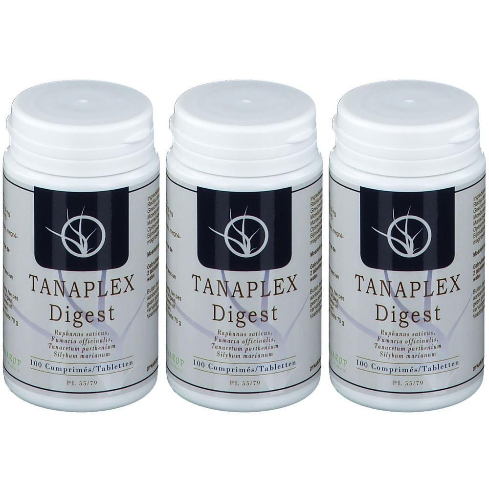 Trois contenants de comprimés Tanaplex Digest. Contenants blancs avec étiquette noire et logo végétal.