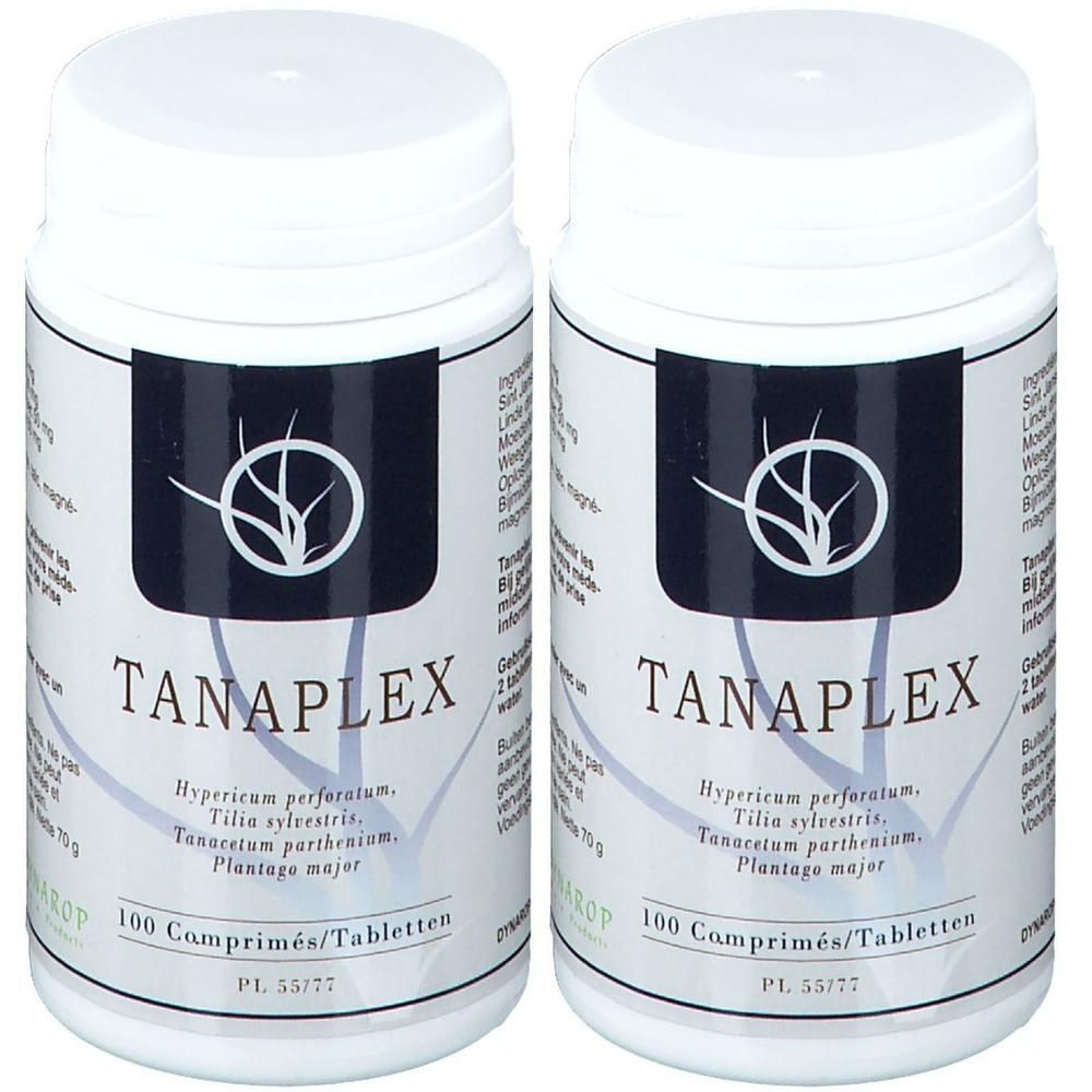 Twee potjes met Tanaplex tabletten, elk 100 stuks. Witte potjes met zwart etiket en productinformatie.