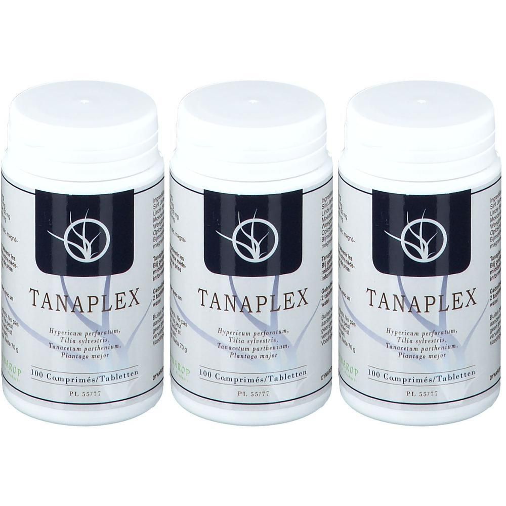 Drie potten met Tanaplex tabletten, elk 100 stuks.