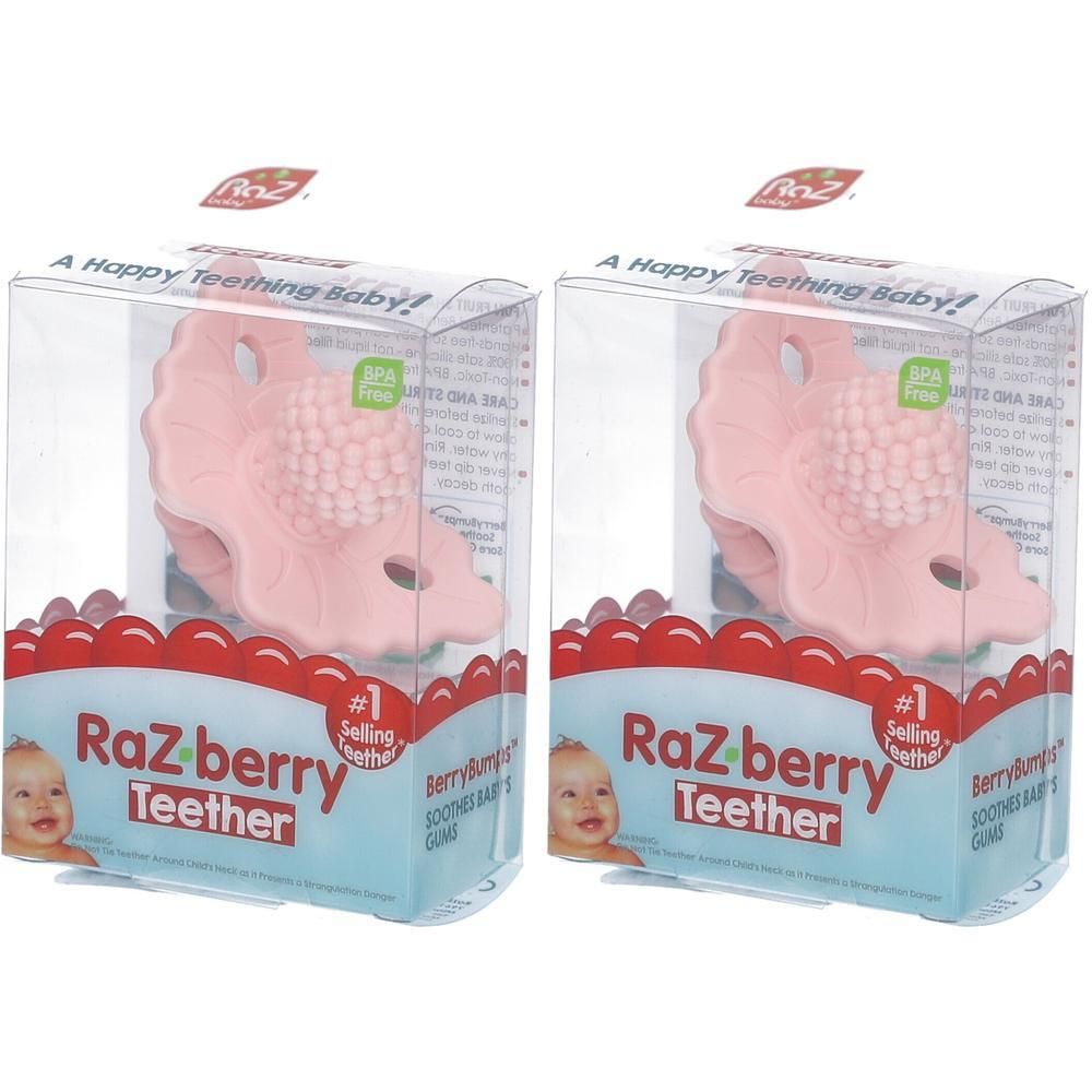 Deux anneaux de dentition roses en forme de framboise, sans BPA, dans leur emballage.