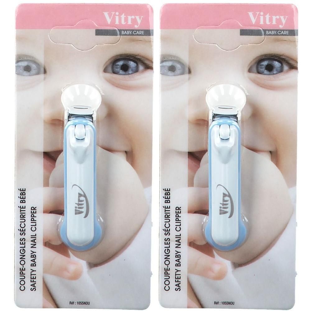 Vitry Baby nagelknipper in dubbelverpakking. Blauwe en witte kunststof handgrepen met zilveren snijbladen.