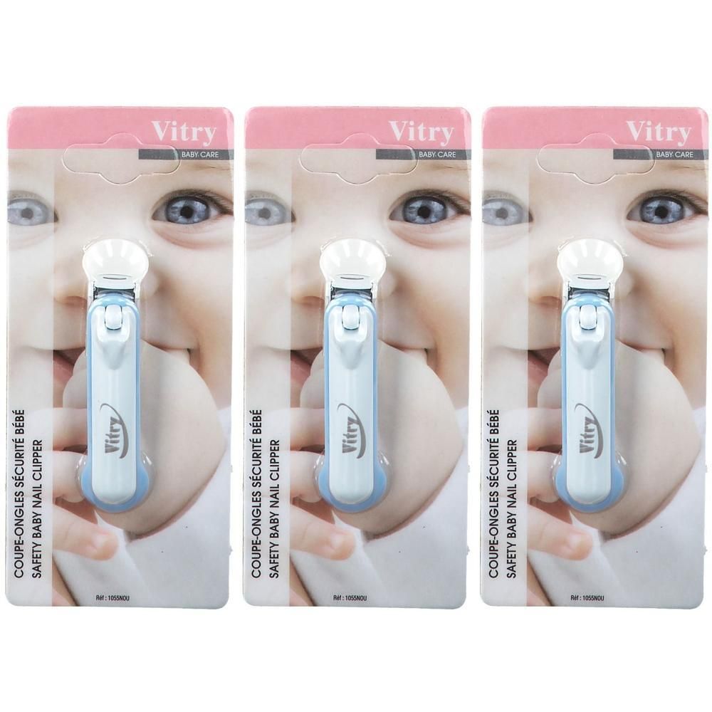 Vitry baby-nagelknipper in lichtblauw en wit, verpakking van drie.